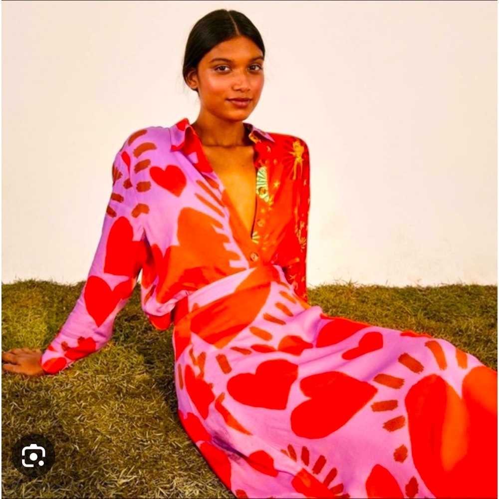 FARM Rio Pink and Red Heart Print Button-Down Shirt